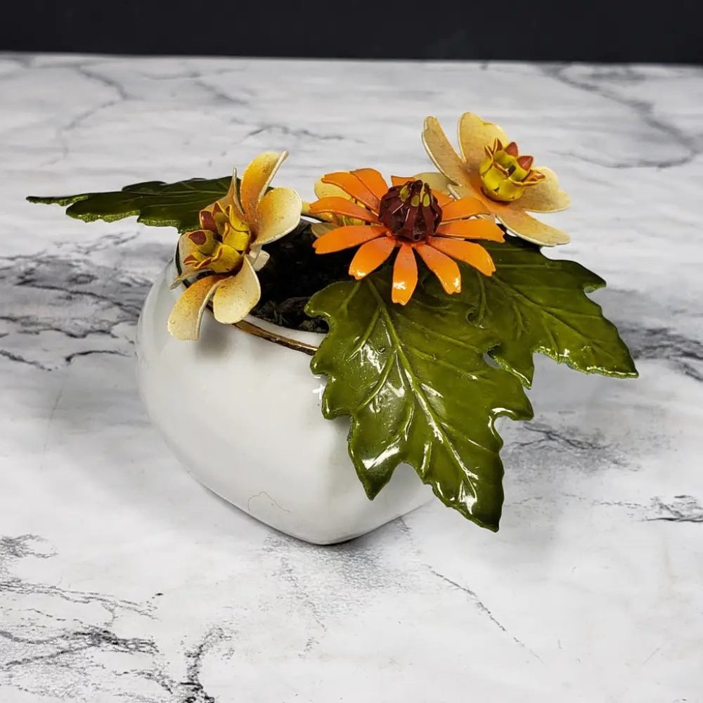 Porcelain Heart Ted Arnold Enameled Metal Flowers Vintage